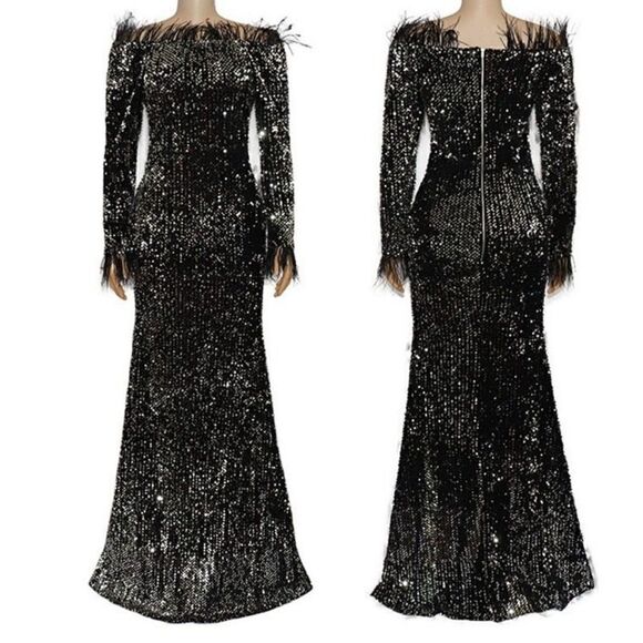 NEW FASHION Bodycon Sexy Dresses Women Off Shoulder Feather Long Dress Size XL - Picture 9 of 9